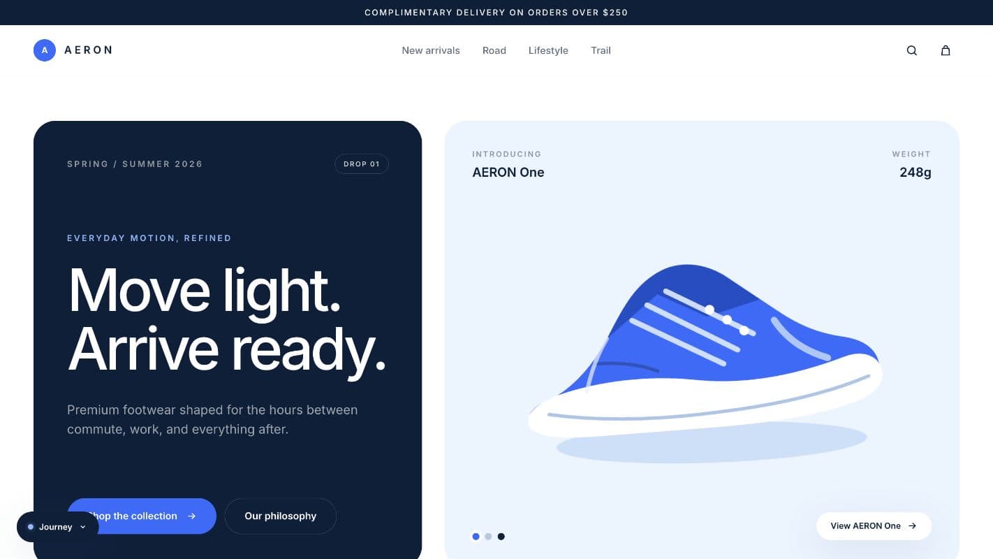 Prototipe AERON: beranda toko sepatu dengan pesan utama di panel gelap dan ilustrasi sepatu biru di sampingnya.