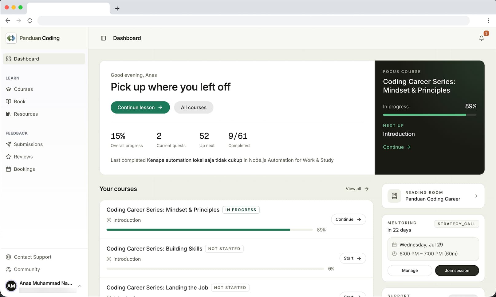 Panduan Coding platform dashboard